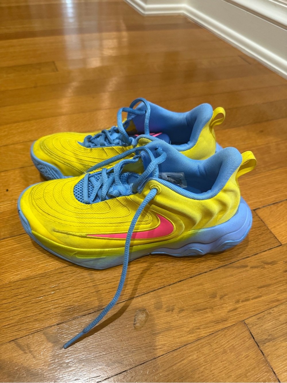 Nike Kids Yellow and Blue Sneakers with Pink Swoosh